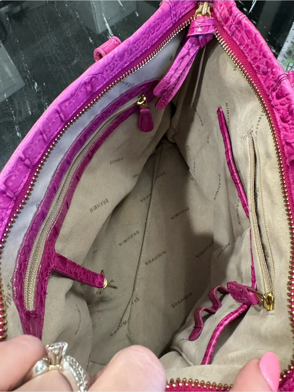 🩷🐊Brahmin Mini Asher Satchel Fuchsia Croc Embossed Leather Crossbody Pink